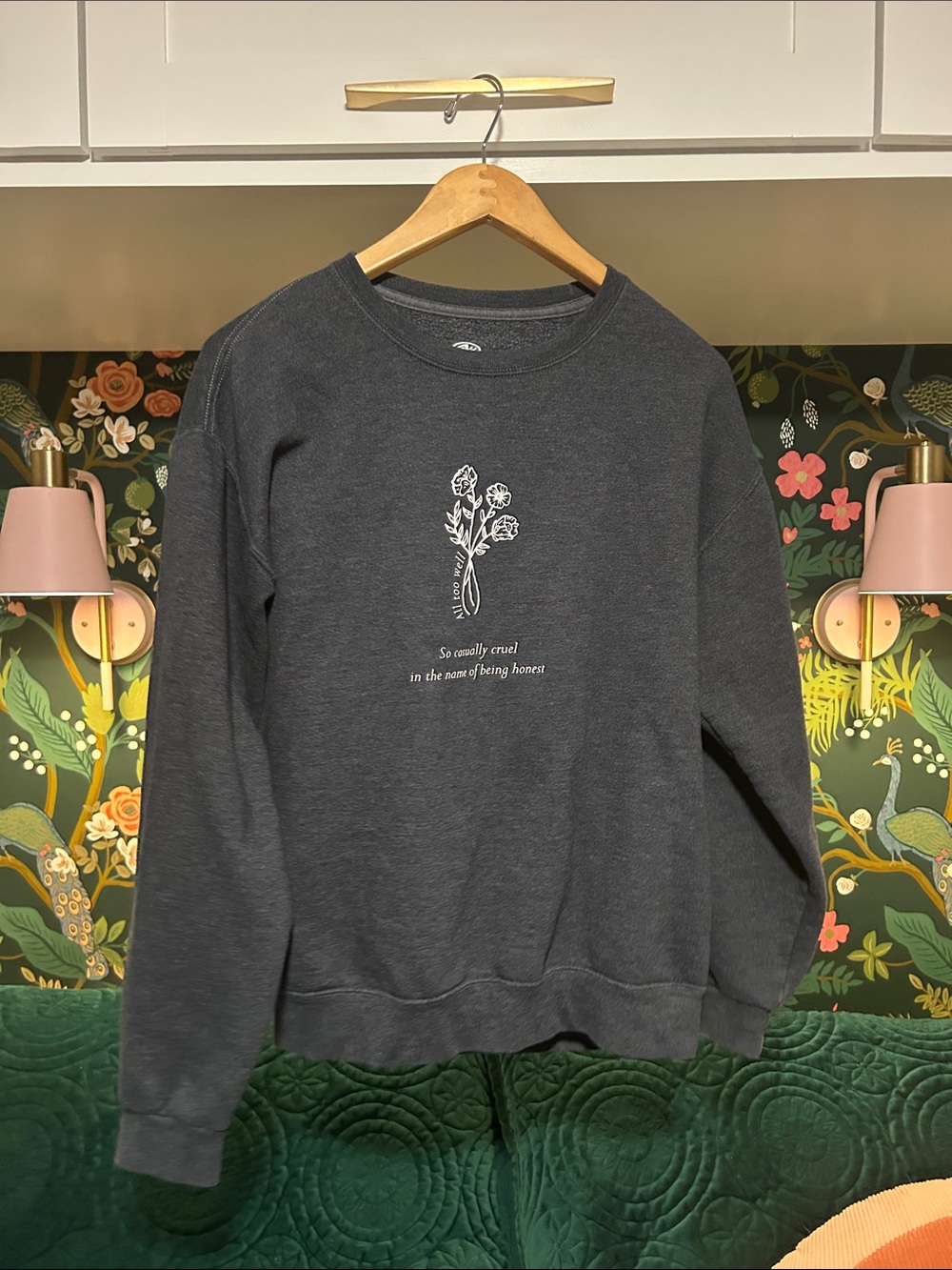 Women's Charcoal Crewneck Sweatshirt with White Floral Graphic